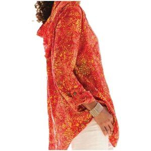 Soft Surroundings Women PS Orange Floral Print Hooded Roll Tab Sleeve Pullover